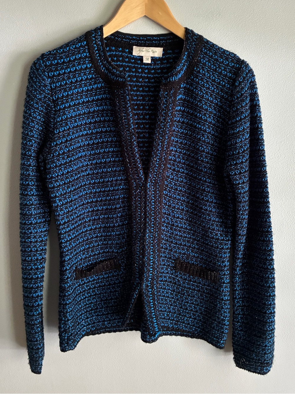 After The Rain Cardigan M Blue Black Metallic Tweed Knit Beaded Jacket